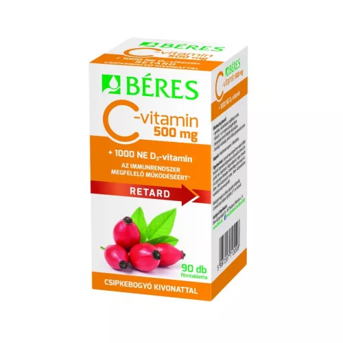 Béres C-vitamin 500 mg Retard filmtabletta csipkebogyó kivonattal + 1000NE D3-vitamin 90x