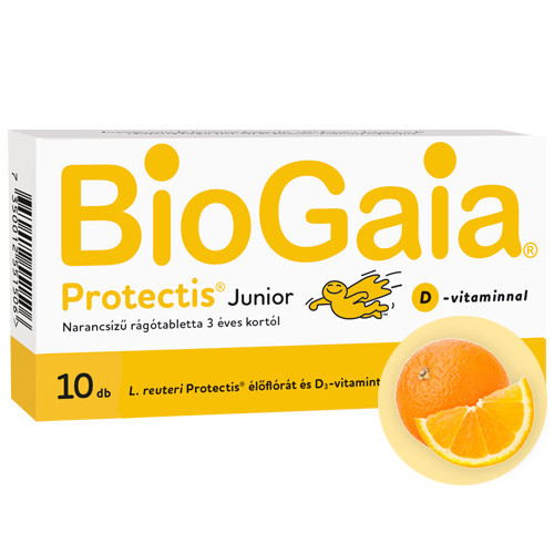 Biogaia Junior+D3 vitamin étrend-kiegészítő rágótabletta narancs ízű 10x