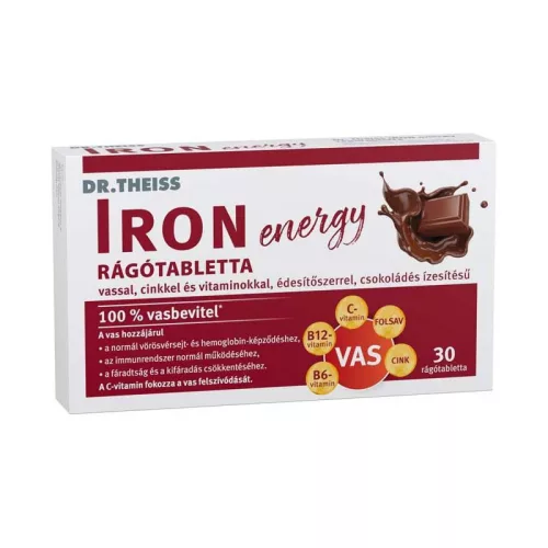 Dr. Theiss Iron Energy rágótabletta vassal, cinkkel és vitaminokkal, csokoládé ízben 30x
